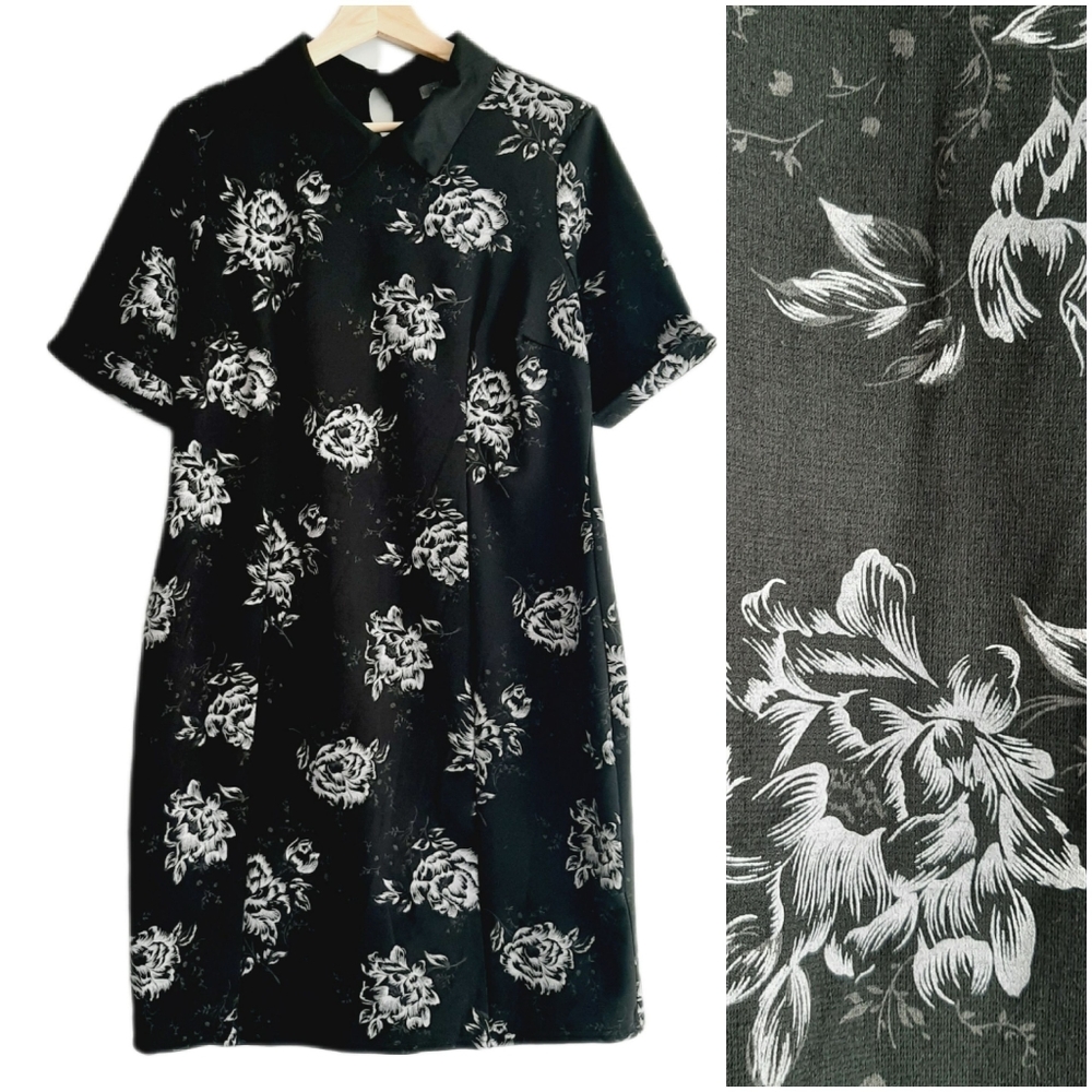 🍒 SUZY SHIER Peter Pan Collar Short Sleeve Knee Length Dress Floral Black Sz XL